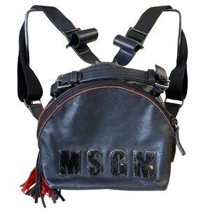 MSGM Leather Backpac Mini Rucksack Cowhide Logo Plaque Fringe Black Red 10x8